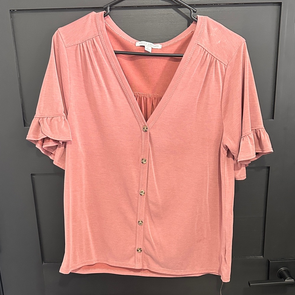 Green Envelope Coral Button-Down Top with Ruffle Sleeves